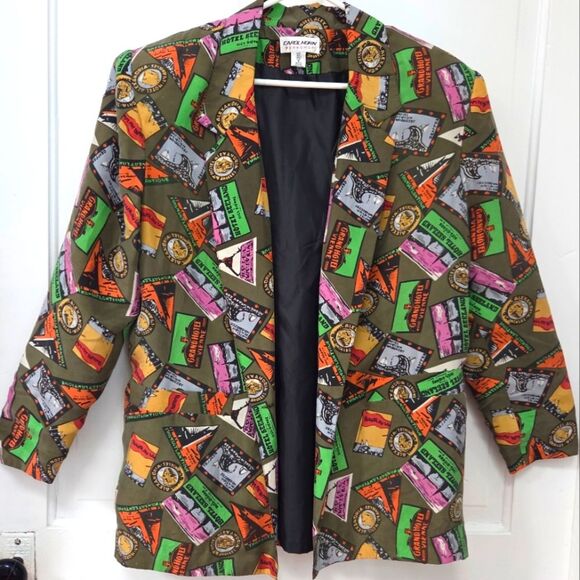 Vintage 90s Carol Horn Workshop Silk Travel Print Blazer 8 - Picture 1 of 10